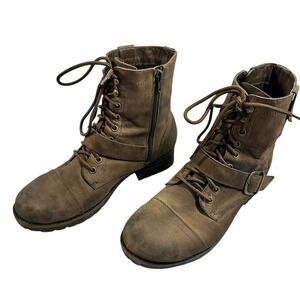 Tara M Teagan Leather Combat Boots Women 10 Brown Lace Up Buckle Moto Distressed